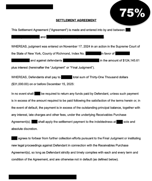 Real settlement agreement showing 75% debt reduction