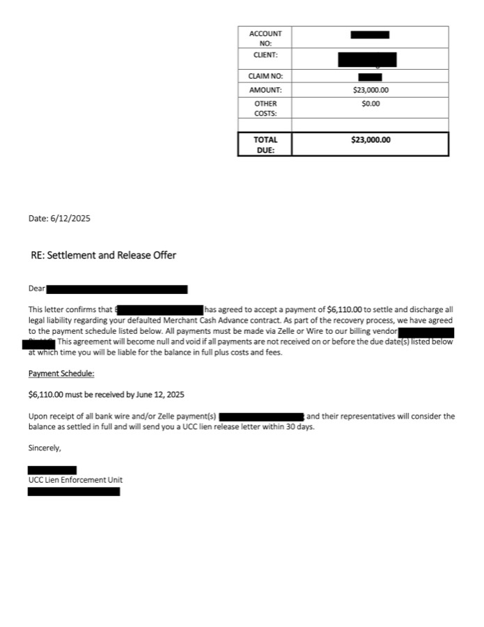 Redacted signed document: $23,000 resolved for $6,110
