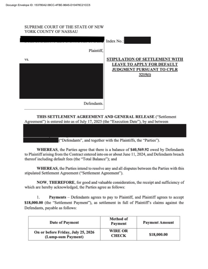 Redacted signed document: $40,569 resolved for $18,000