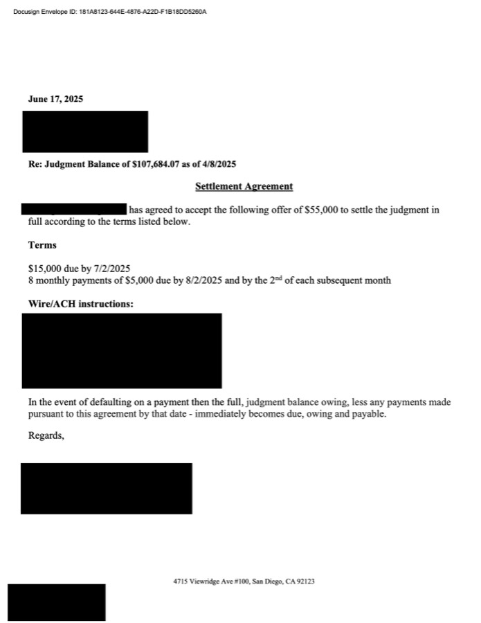 Redacted signed document: $107,684 resolved for $55,000