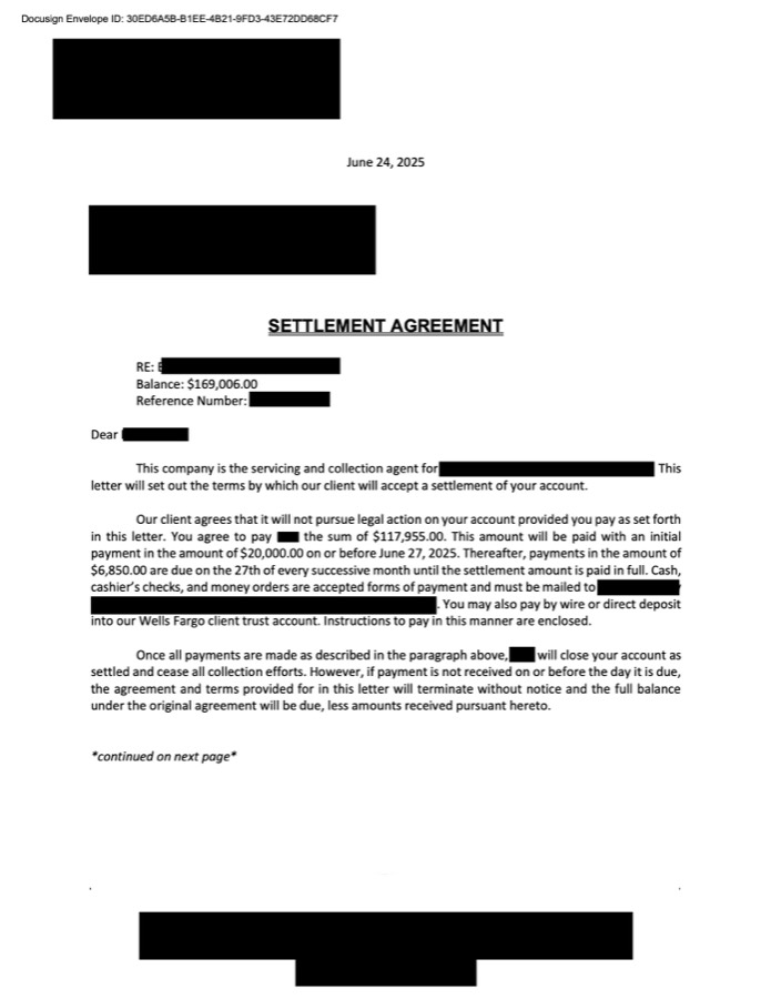 Redacted signed document for this case showing $169,006 resolved for $117,955